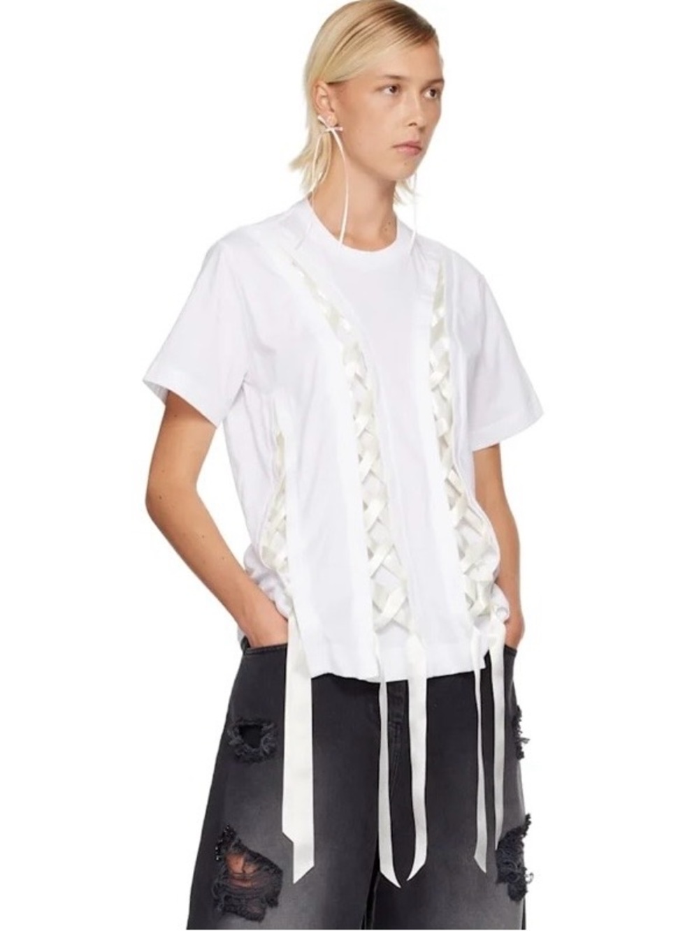 Simone Rocha White Ribbon-Trim Short Sleeve Top